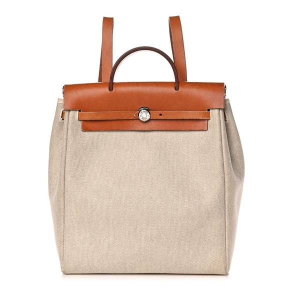 HERMES  Toile Vache Calfskin Herbag 30 PM Backpack Natural - Picture 1 of 12